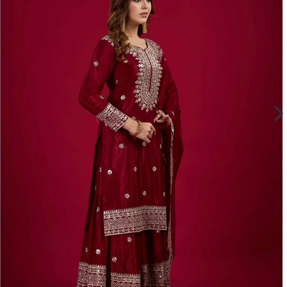 Pakistani/ Indian Maroon Sequin Embroidered Chenderi Top, Sharara Set Dupatta-3 - Picture 5 of 7
